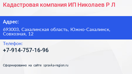 Кадастровая компания ИП Николаев Р Л  - визитка