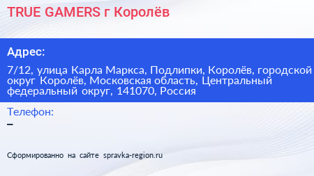 TRUE GAMERS г Королёв - визитка