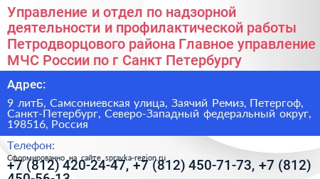 Управление и отдел по надзорной деятельности и профилактической работы Петродворцового района Главное управление МЧС России по г Санкт Петербургу - визитка