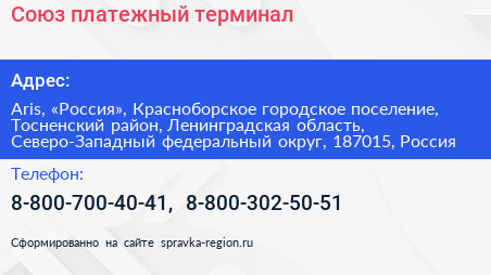 Союз платежный терминал - визитка