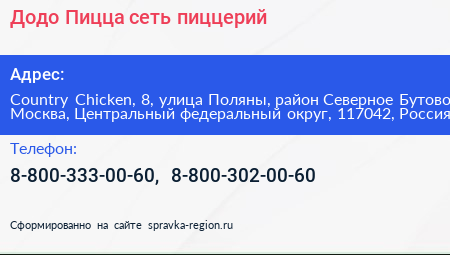 Додо Пицца сеть пиццерий - визитка