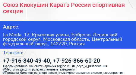 Союз Киокушин Каратэ России спортивная секция - визитка