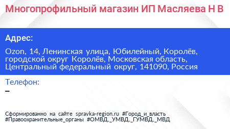 Многопрофильный магазин ИП Масляева Н В  - визитка