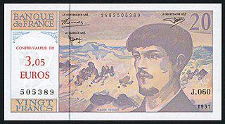 На последней двадцатифранковой купюре (на илл.) автор «Моря» изображён на фоне моря. Фото 3 